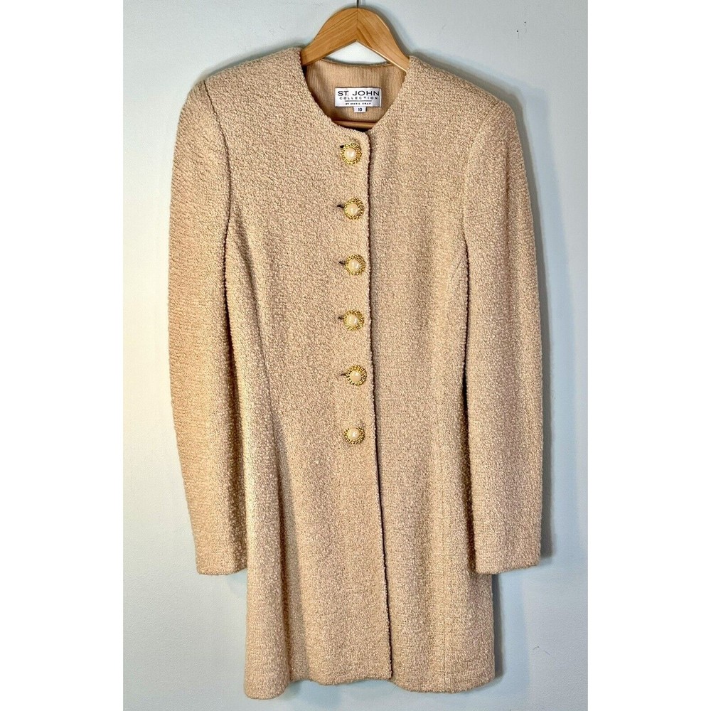 St. John Collection, Marie Gray, Beige w/Gold Thread Sweater Skirt Suit - Sz 10